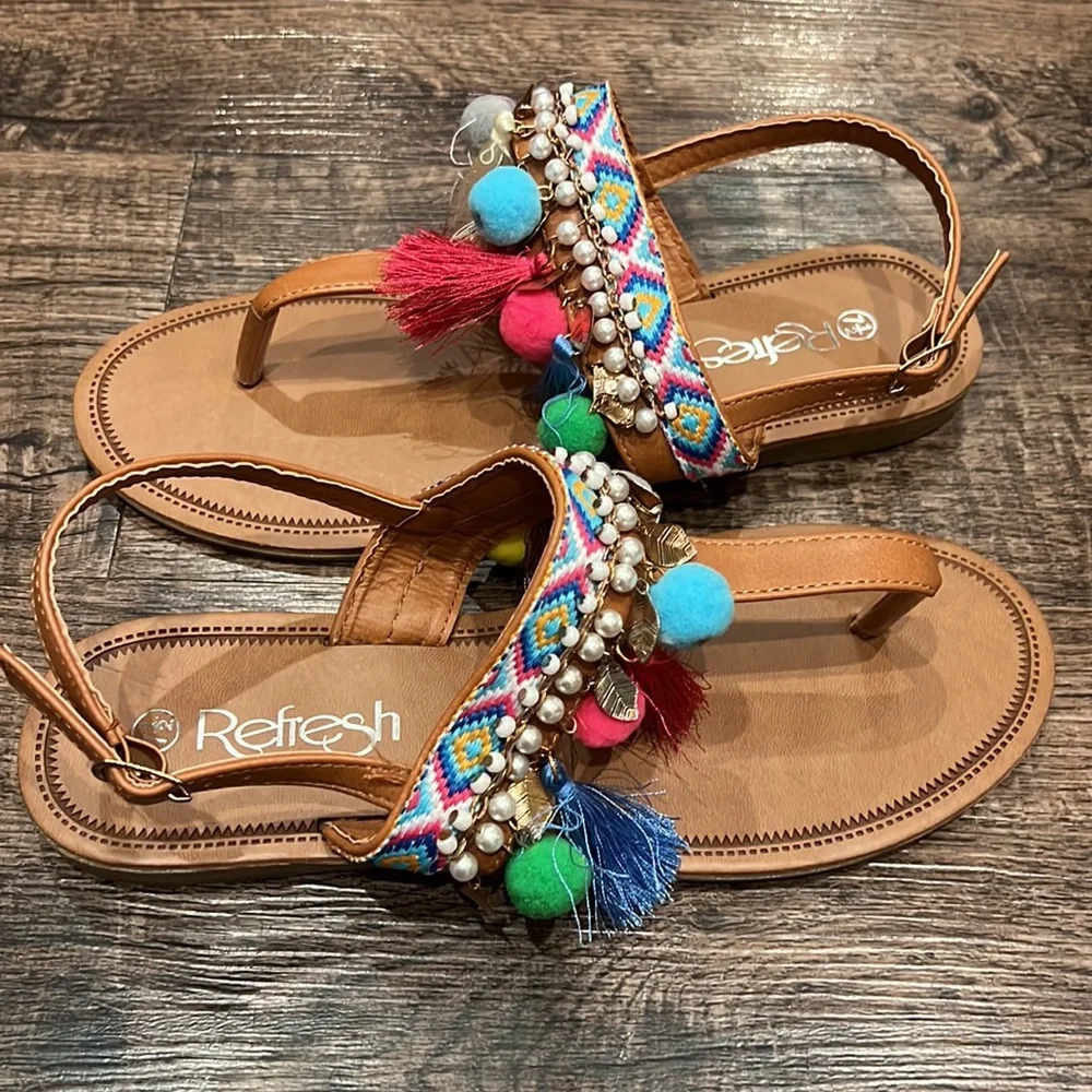 NIB! Refresh pom pom tassel embellished sandals - Picture 2 of 5